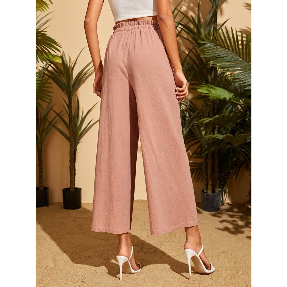 High waisted Frilled Waist Solid Wide Leg Pants green - Picture 8 of 13